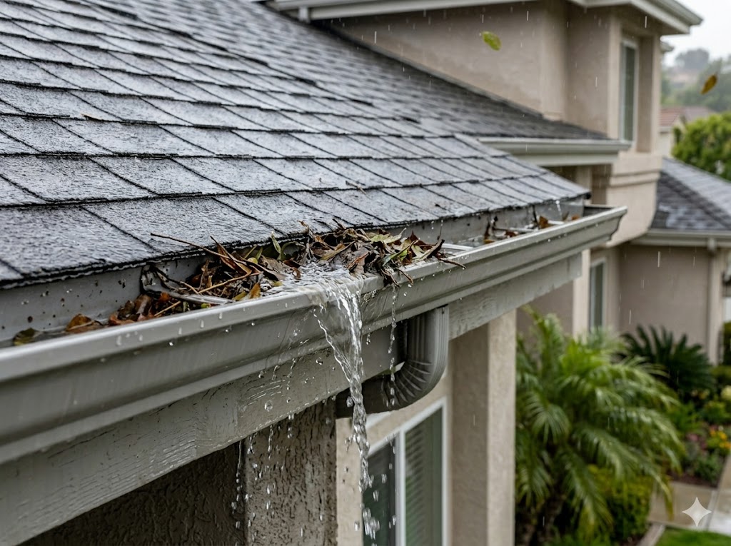 Rainwater overflowing from a clogged residential gutter