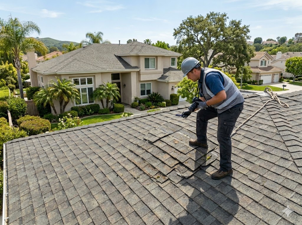 Roofing contractor inspecting an aging residential roof